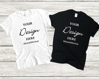 White Black Gildan Mock Up Shirt Gildan 2000 Wood Background Mock-Up Mockup T-Shirt Design Template bt6