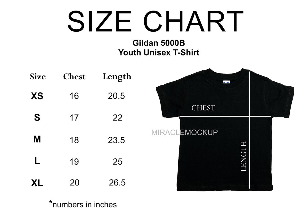 Size Chart Gildan 5000B Youth Mock up Shirt Youth Tshirt Black Gildan ...