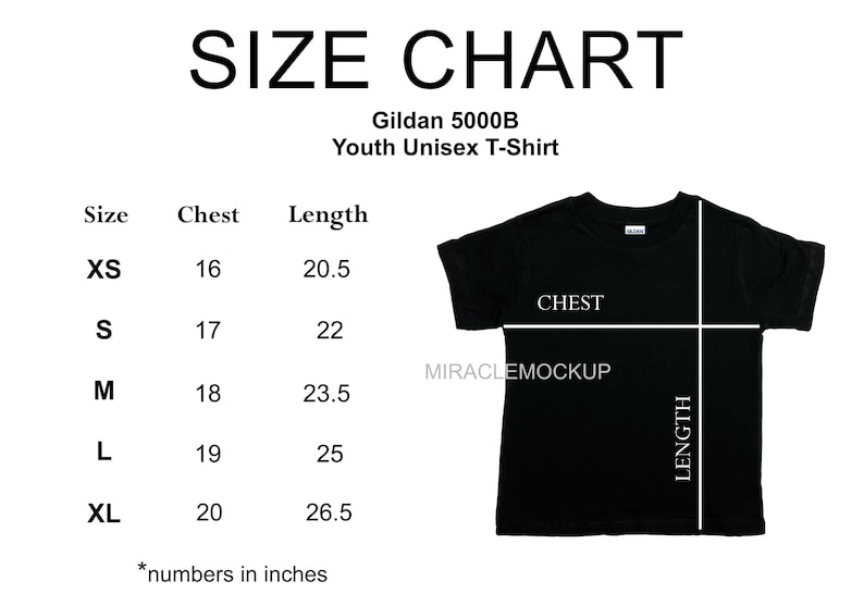 Size Chart Gildan 5000B Youth Mock up Shirt Youth TShirt Black | Etsy