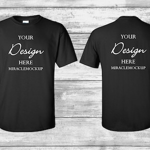 Front & Back Black Gildan Mock Up 5000 Mock-Up Wood Background Gildan Mockup Men&#39;s Tee Shirt T-Shirt Design Template