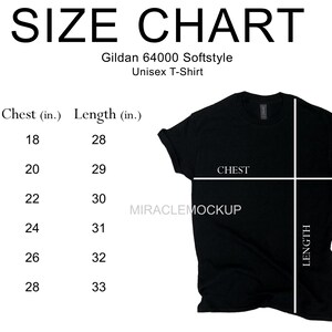 Größentabelle Gildan 64000 Softstyle Mockup Shirt Weißer Hintergrund Schwarz Tshirt Gildan Sizing Mock up Herren Unisex T-Shirt Design-Vorlage