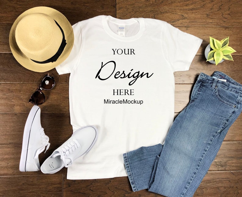 Download White Gildan Softstyle Mock Up 64000 Mock-Up Gildan Mockup ...