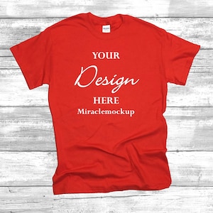 Red Gildan Softstyle Mockup T-Shirt Mock up 64000 Wood Background Flat Lay Mockup Tee Shirt Mock-up Men&#39;s Unisex T-Shirt Template nw5