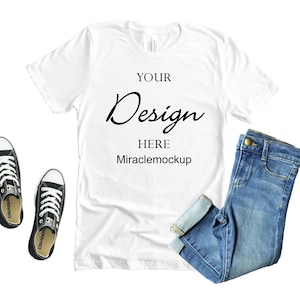 Bella Canvas 3001 White Mockup Shirt Men&#39;s Women&#39;s Unisex Mock-up Jeans Shoes Flat Lay Tee White Background Mock up Template T-Shirt bh5