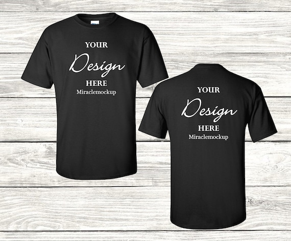 Shirt front and back in black on a gray background