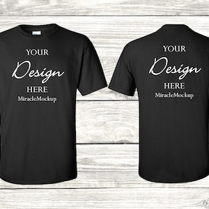 Black Gildan Softstyle Front & Back Mock up 64000 Mock-Up Wood Background Gildan Mockup Men&#39;s Unisex Tee Shirt T-Shirt Design Template tc2