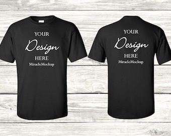Könnte beinhalten: Schwarzes T-Shirt-Mockup mit dem Text "YOUR Design HERE MiracleMockup" auf Vorder- und Rückseite.