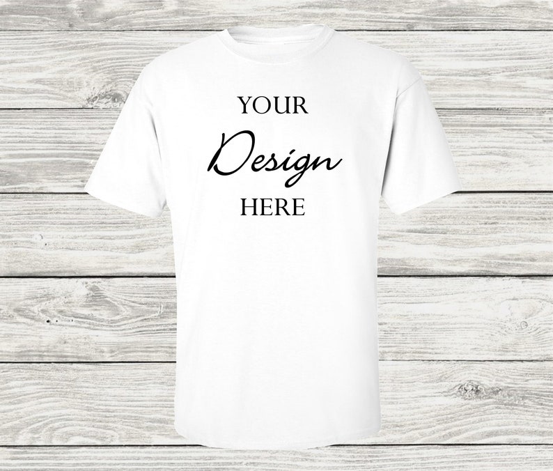 Download White Tag Less Mock Up Shirt Wood Background Gildan Mockup ...