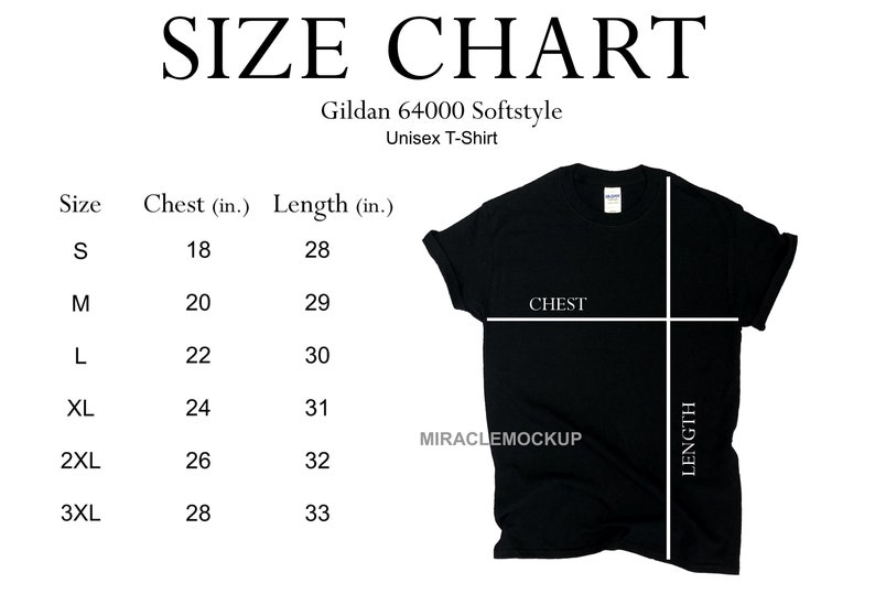 Size Chart Gildan 64000 Softstyle Mockup Shirt White | Etsy
