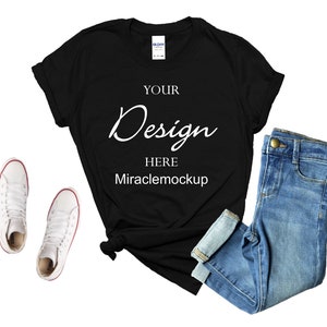 Black Gildan 64000 Softstyle Mockup T-Shirt Gildan Mock up Flat Lay White Background Jeans Shoes Women&#39;s Unisex Tee Shirt Template ws4