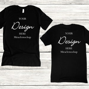 Front & Back Bella Canvas Black Mock up Shirt Mockup Wood Background Grey Tee Mock-up Unisex Tee T-Shirt Design Template bm5