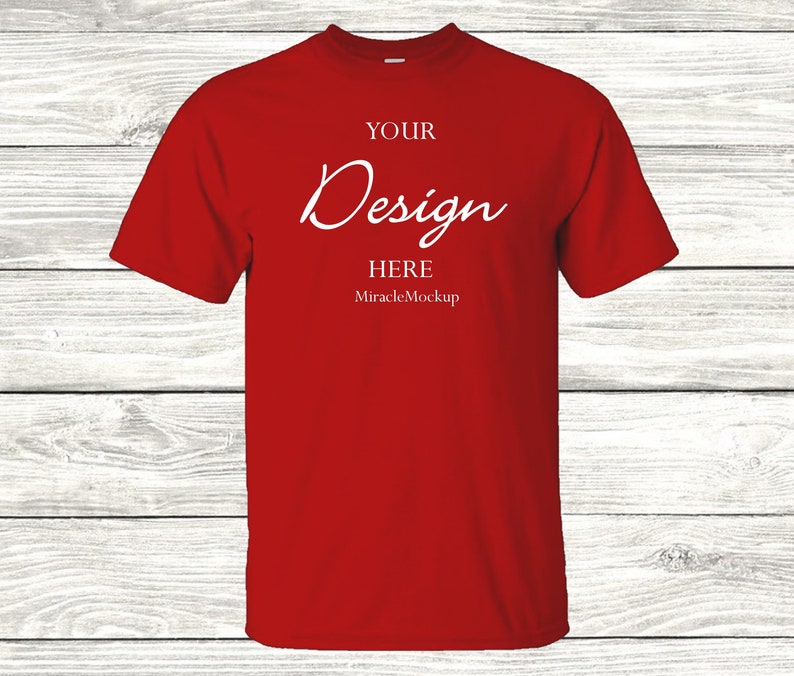 Download Red Tshirt Mock Up G500 Mock-Up Wood Background Mockup Tee ...
