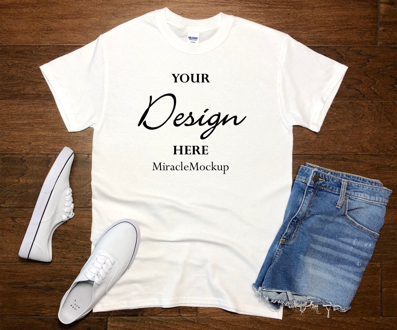 Download White Gildan 5000 Mock up Shirt Mock-Up Gildan Mockup Wood ...