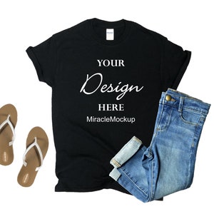 Black Gildan 64000 Softstyle Mockup T-Shirt Gildan Mock up Sandals Flat Lay White Background Spring Summer Mock-up Tee Shirt T-Shirt sd4