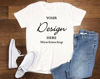 White Tag Less Mock Up Shirt Wood Background Gildan Mockup Men’s Unisex Jeans Shoes Tagless Tees No Tag T-Shirt Design Template sd2
