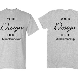 May include: A gray t-shirt mockup with the text "YOUR Design HERE Miraclemockup" on the front and back.
