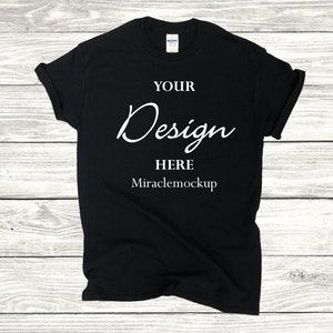 Black Gildan 64000 Softstyle Mockup T-Shirt Gildan Mock up Flat Lay Wood Background Men&#39;s Unisex Tee Shirt T-Shirt Template tp2