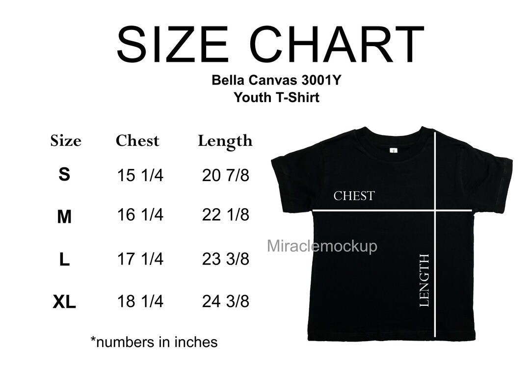 Bella Canvas 3001Y Youth Size Chart Mockup Tshirt, Unisex Size Chart ...