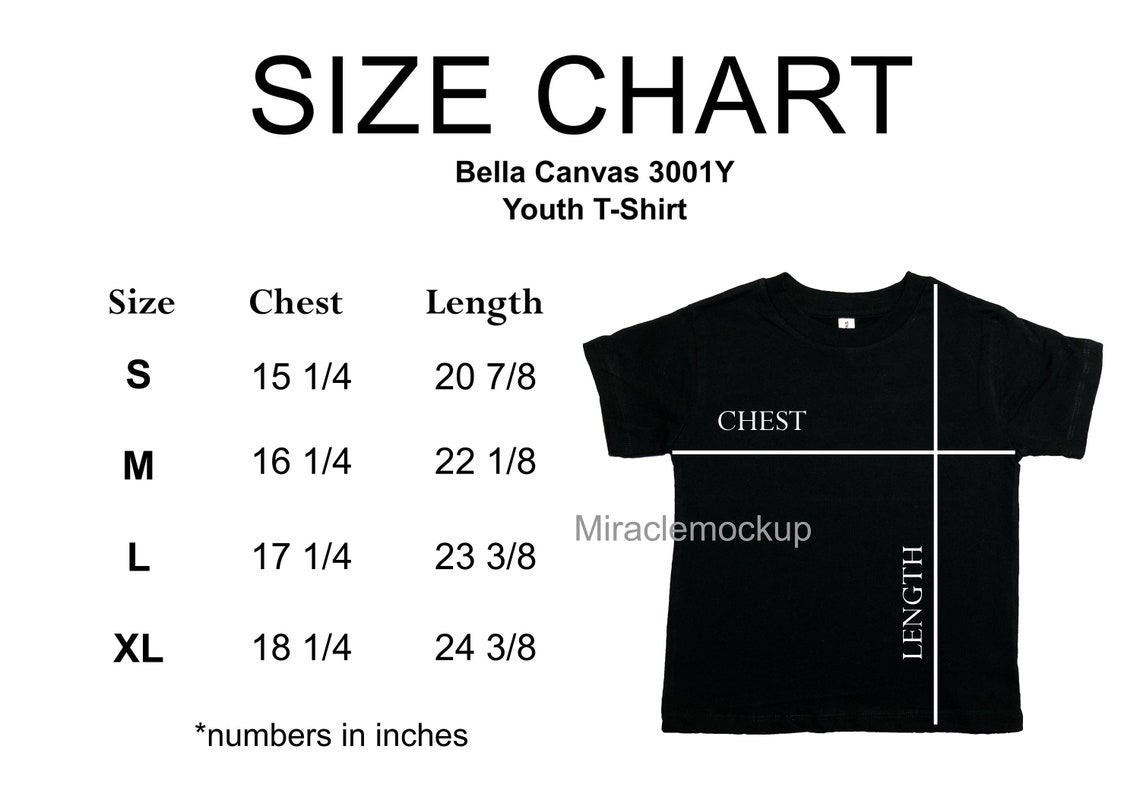 bella canvas 3001y size chart