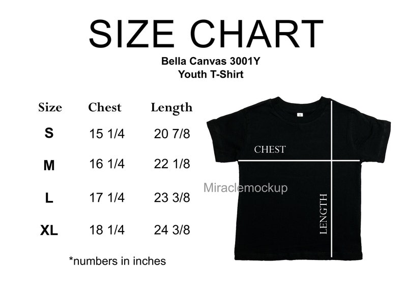 Bella Canvas 3001Y Youth Size Chart Mockup Tshirt Unisex
