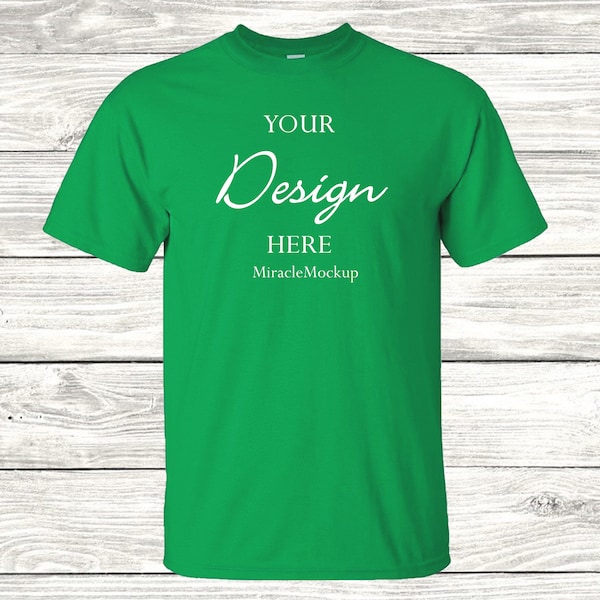 Antique Irish Green Gildan G500 Mock Up Design Mock-Up Wood Background Flat Lay Mockup Tee Shirt T-Shirt Template