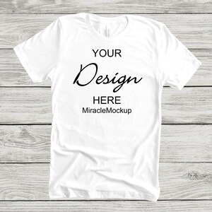 White Bella Canvas 3001 Mockup Shirt Men&#39;s Women&#39;s Unisex Mock up Flat Lay Tee Wood Background Mock Up T-Shirt Template hb1