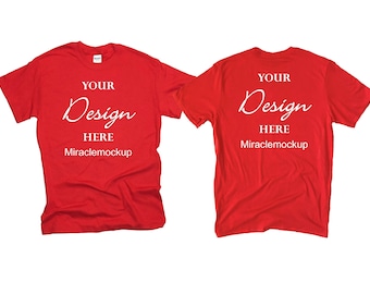 Pode incluir: Mockup de camiseta vermelha com o texto "YOUR Design HERE Miraclemockup" na frente e atrás.