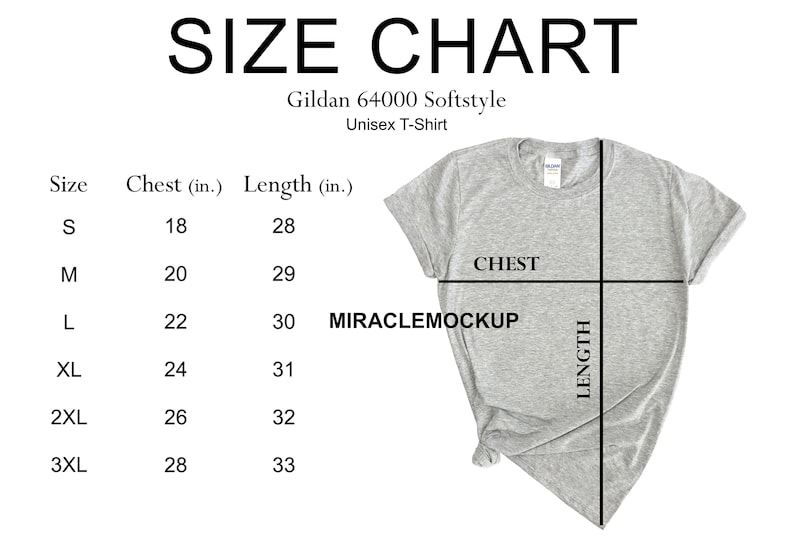 Size Chart Gildan 64000 Softstyle Mockup Shirt Grey Tee White - Etsy