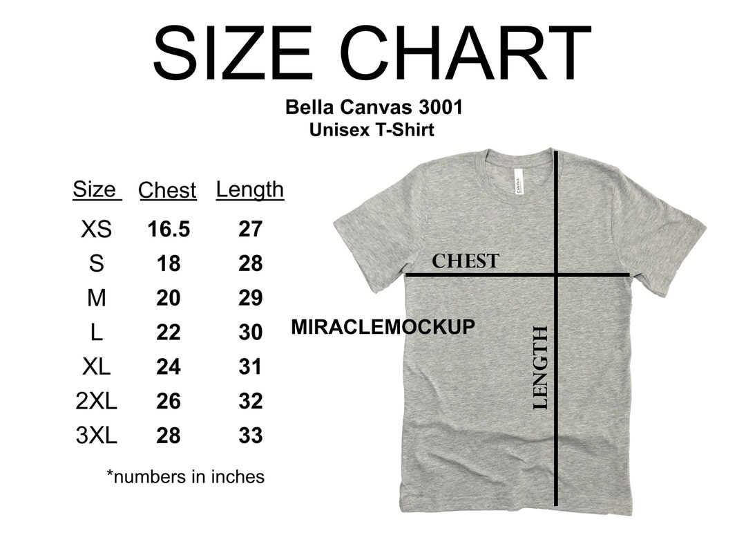 Bella Canvas 3001 Size Chart Mockup Tshirt, Unisex Size Chart, S-3XL ...