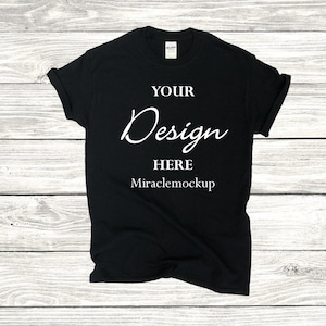 Black Gildan Softstyle Mock Up 64000 Mock-Up Gildan Mockup Flat Lay Wood Background Men&#39;s Tee Shirt T-Shirt Design Template tm2