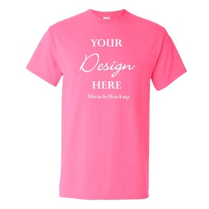 May include: A bright pink t-shirt with the text "YOUR Design HERE" and "MiracleMockup" printed in white.