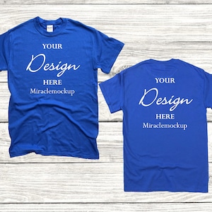 Front & Back Royal Blue Gildan Softstyle Mock up 64000 Mock-Up Wood Background Gildan Mockup Men&#39;s Unisex Tee Shirt T-Shirt Template tg2