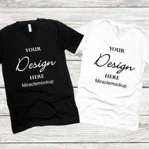 Bella Canvas 3005 White Black Mockup Shirt V-Neck Unisex Men&#39;s Women&#39;s Mock-Up Flat Lay Tee Wood Background Mock Up Template T-Shirt mk3