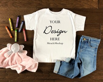 Kids White Bella Canvas Mock up Toddler T-Shirt Cute Toddler Shirts Flat Lay Mockup Design Template ap2