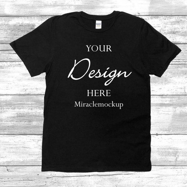 Black Gildan 64000 Softstyle Mockup T-Shirt Gildan Mock up Flat Lay Wood Background Men's UnisexTee Shirt T-Shirt Template wd3