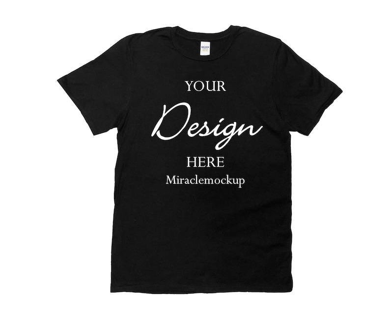 May include: Black t-shirt with the text "YOUR Design HERE Miraclemockup" printed in white.