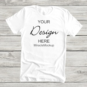 Bella Canvas 3001 White Mockup Shirt Unisex Men&#39;s Women&#39;s Mock-up Flat Lay Tee Shirt Wood Background Mock up T-Shirt