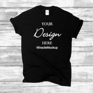 Black Gildan 64000 Softstyle Mockup T-Shirt Gildan Mock up Flat Lay Wood Background Men&#39;s Tee Shirt T-Shirt Template hs4
