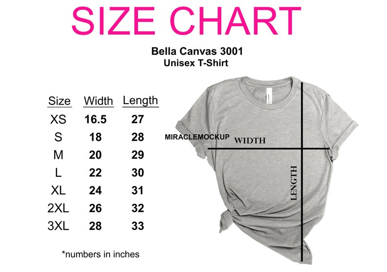 Bella Canvas 3001 Size Chart Mockup Shirt Unisex Size Chart | Etsy