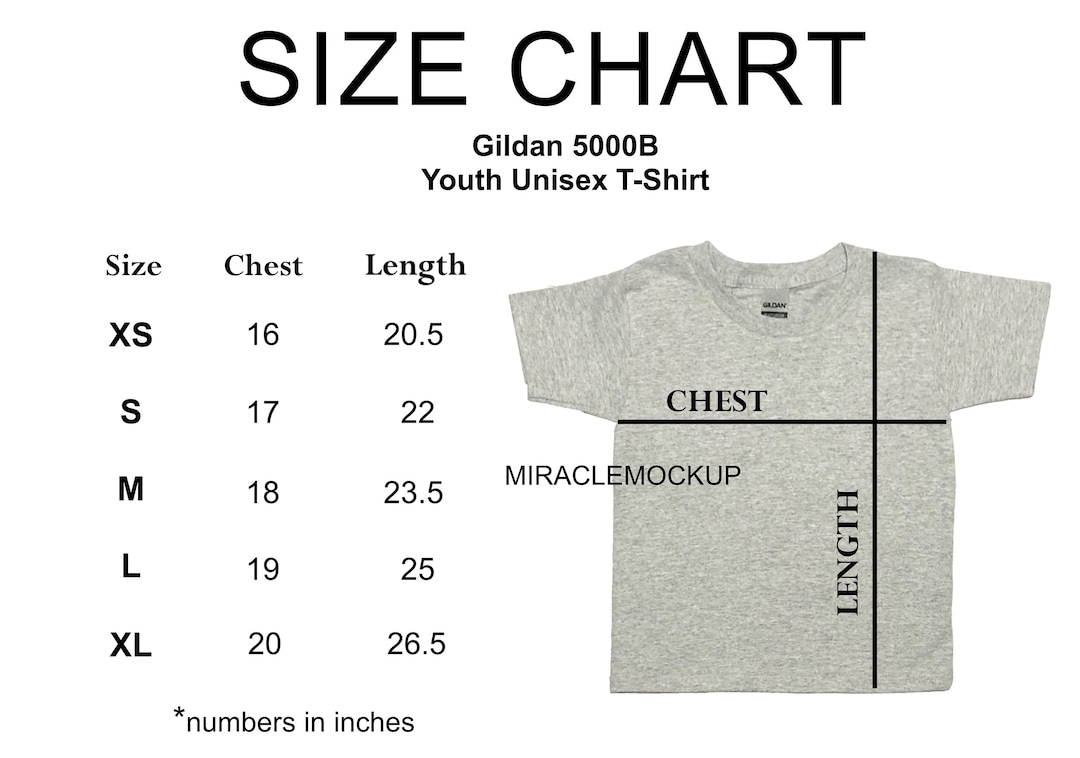 Size Chart Gildan 5000B Youth Mock up Shirt Youth Tshirt Sport Grey ...