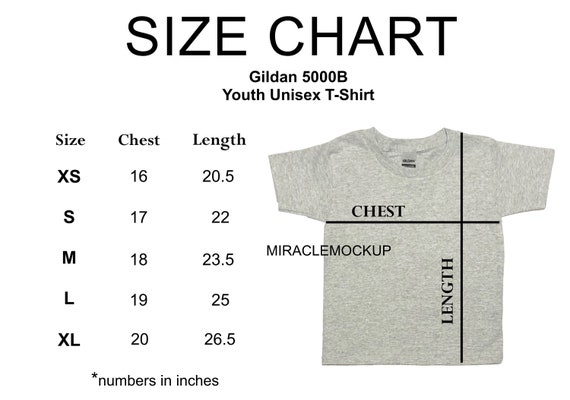 Size Chart Gildan 5000B Youth Mock up Shirt Youth Tshirt Sport