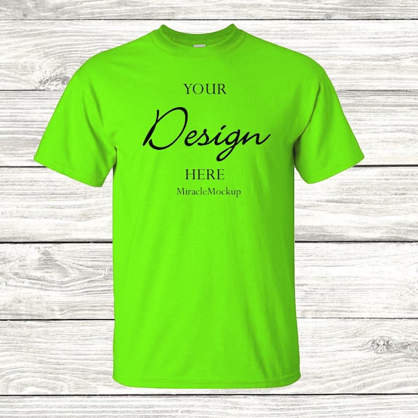 Neon Green Gildan 500 Mock Up Wood Background Mock-Up Gildan Mockup Tee Shirt T-Shirt Design Template