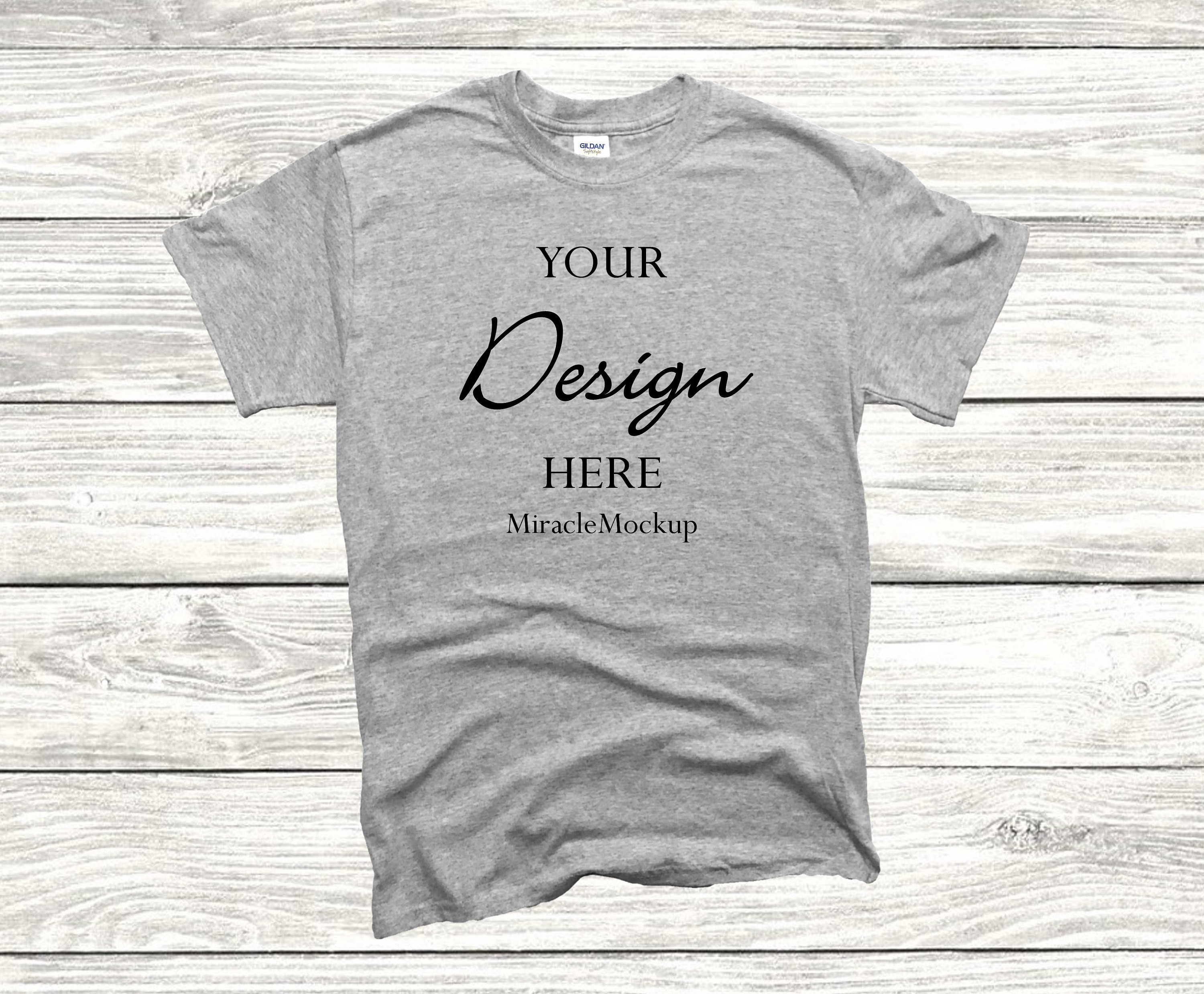 Sport Grey Gildan Softstyle Mock up Shirt Gildan 64000 Wood Background Mock-Up Tee Gray Mockup T-Shirt Design Template tp3