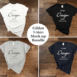 Gildan Softstyle Mock up Bundle T-Shirt 64000 Shirt Mockup Sport Grey Black White Navy Fall Winter Dark Wood Background Flat Lay Template