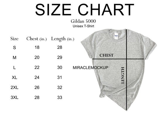 Tabla de tallas Maqueta de camiseta Gildan 5000 Camiseta gris Fondo blanco Maqueta de tallas Gildan Plantilla de diseno de camiseta unisex para hombre
