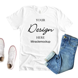 Bella Canvas 3001 White Mockup Shirt Men&#39;s Women&#39;s Unisex Mock-up Jeans Shoes Flat Lay Tee White Background Mock up Template T-Shirt dc2