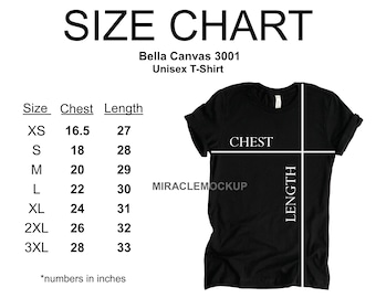 Bella Canvas 3001 Size Chart Mockup Tshirt, Unisex Size Chart, Flat Lay Mock up Tee Size Chart