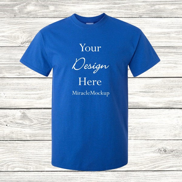 Royal Blue Gildan Softstyle Mock up 64000 Mock-Up  Gildan Mockup Wood Background Tee Shirt T-Shirt Design Template