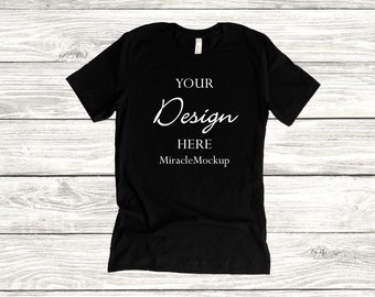 Black Bella Canvas 3001 Mockup Shirt Unisex Men&#39;s Women&#39;s Mock-Up Flat Lay Tee Wood Background Mock Up T-Shirt Template cm3
