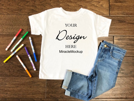 Kids White Mock up Toddler T-shirt Tagless No Tag Toddler Shirts Jeans  Markers Children Flat Lay Mockup Template Nm5 